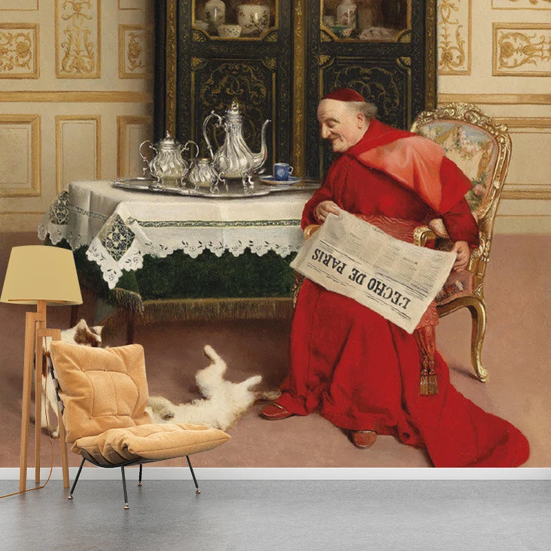 Mural de pared vintage con ilustración enorme para decoración de chimenea con diseño de obispo y perro en rojo y marrón Ro...