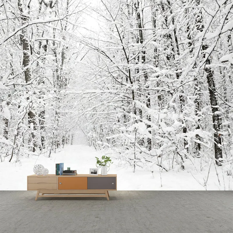 Mural de árboles sin hojas nevados blancos Escena de invierno Arte de pared moderno resistente la humedad Blanco Clearhalo