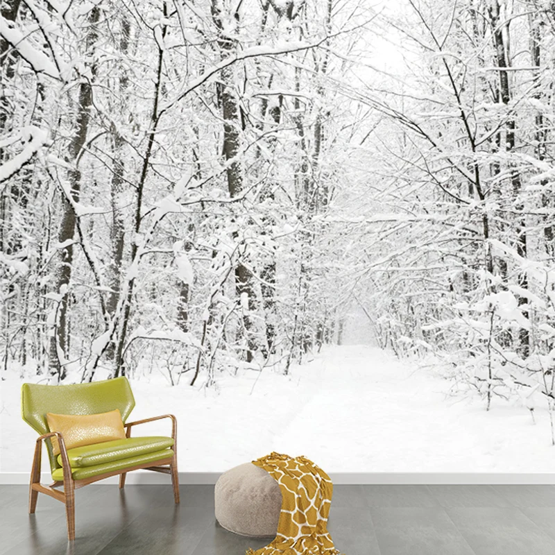 Mural de árboles sin hojas nevados blancos Escena de invierno Arte de pared moderno resistente la humedad Blanco Clearhalo
