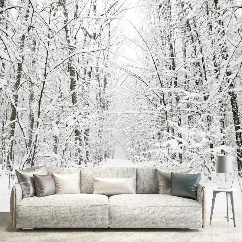 Mural de árboles sin hojas nevados blancos Escena de invierno Arte de pared moderno resistente la humedad Blanco Clearhalo