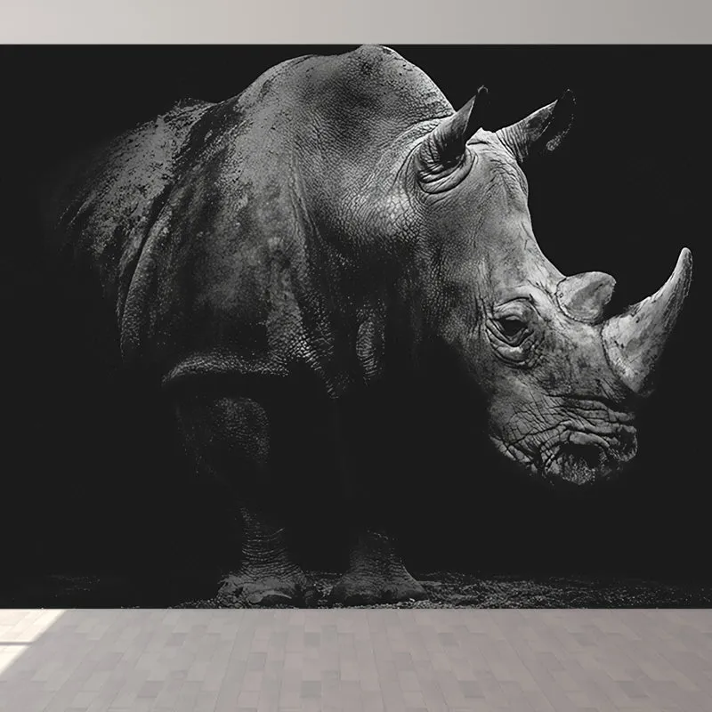 Mural de rinoceronte gris y negro, revestimiento de paredes impermeable para sala de estar Gris Clearhalo