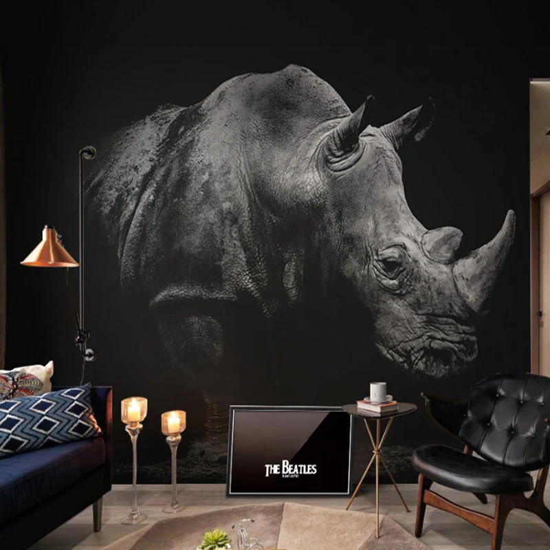 Mural de rinoceronte gris y negro, revestimiento de paredes impermeable para sala de estar Gris Clearhalo