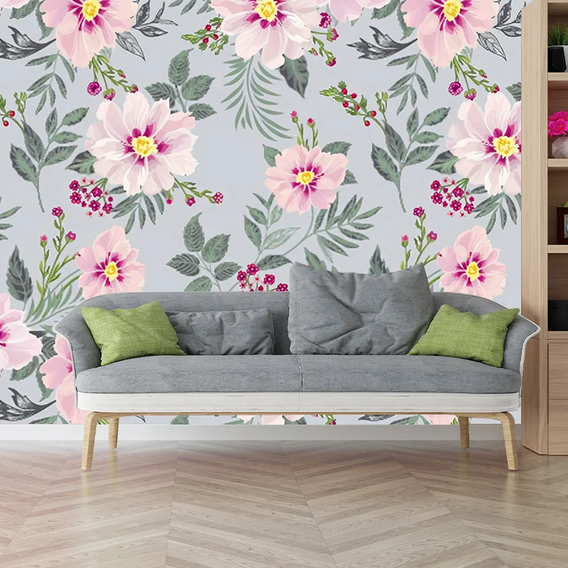 Mural sencillo estilo ilustración completa para dormitorio de niñ con diseño de flores florecientes en verde y rosa Rosa C...