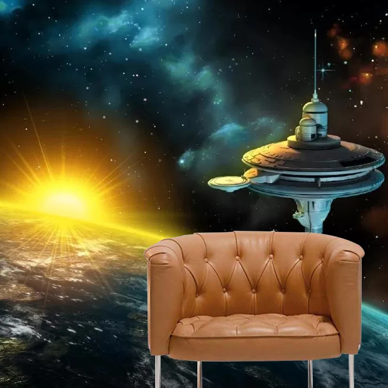 Mural Simplicity Satellite and Planet en revestimiento de paredes de techo azul y amarillo, tamaño personalizado disponibl...