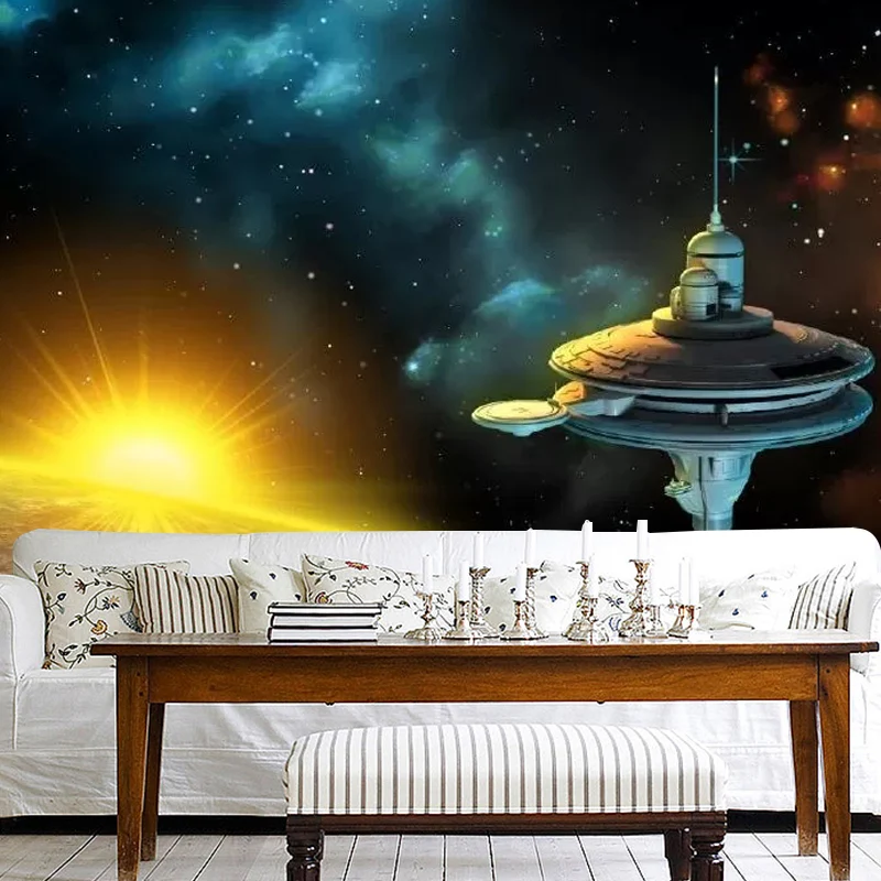 Mural Simplicity Satellite and Planet en revestimiento de paredes de techo azul y amarillo, tamaño personalizado disponibl...