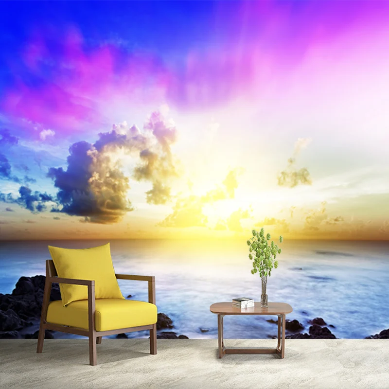 Mural Sunburst and Rock Shore, arte moderno de pared azul-púrpura para sala de estar, tamaño opcional Azul Clearhalo