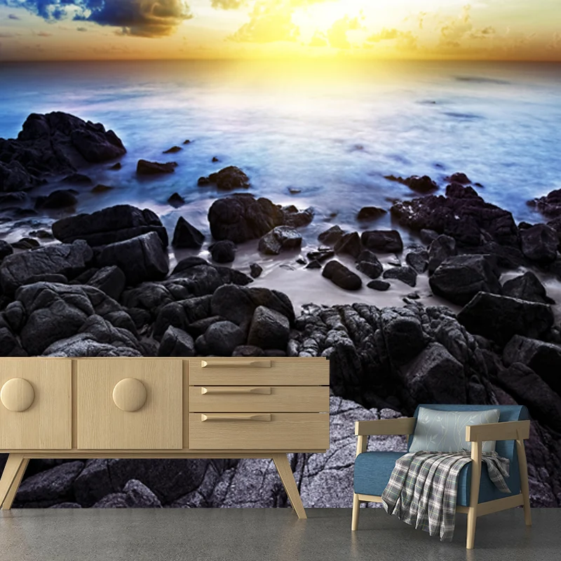 Mural Sunburst and Rock Shore, arte moderno de pared azul-púrpura para sala de estar, tamaño opcional Azul Clearhalo