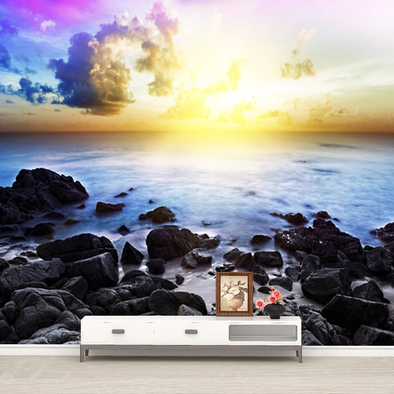 Mural Sunburst and Rock Shore, arte moderno de pared azul-púrpura para sala de estar, tamaño opcional Azul Clearhalo
