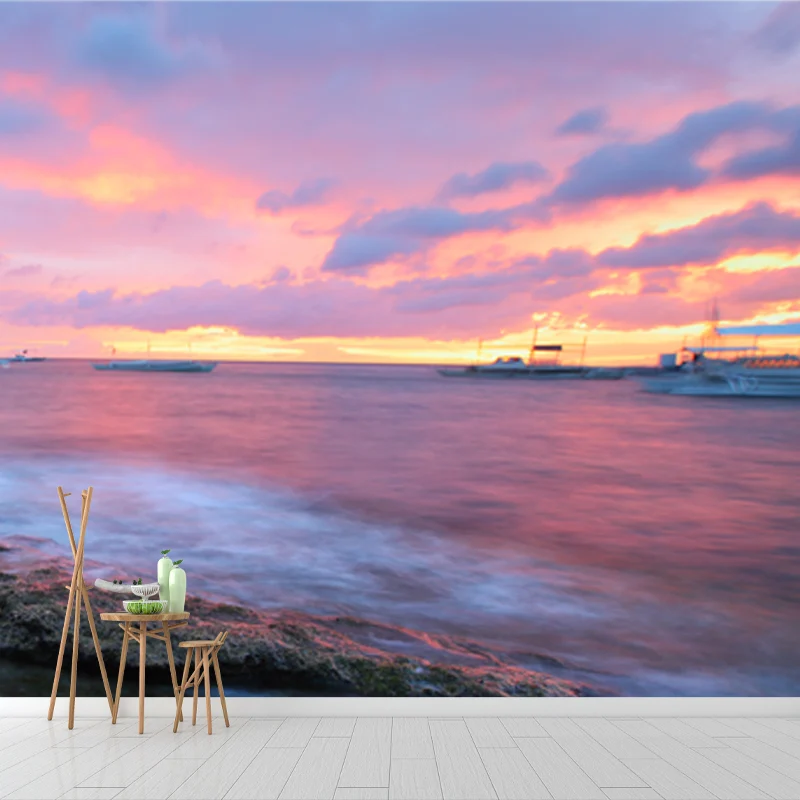 Mural Sunset Boat Rock Shore Revestimiento de pared de tejido no tejido tropical en color rosa y marrón Rosa Clearhalo