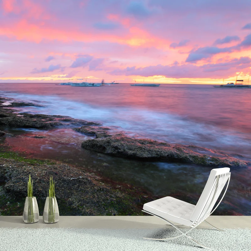 Mural Sunset Boat Rock Shore Revestimiento de pared de tejido no tejido tropical en color rosa y marrón Rosa Clearhalo
