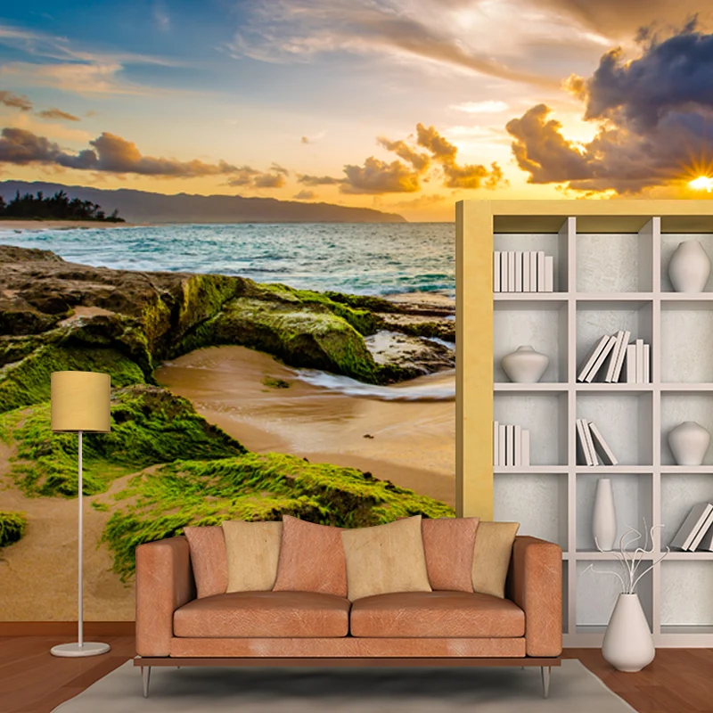 Mural Sunset Moss Sea Rock, revestimiento de paredes de tela no tejida tropical en amarillo-verde Amarillo Clearhalo