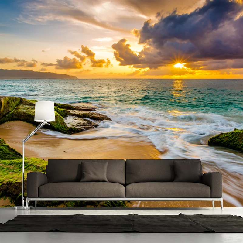 Mural Sunset Moss Sea Rock, revestimiento de paredes de tela no tejida tropical en amarillo-verde Amarillo Clearhalo