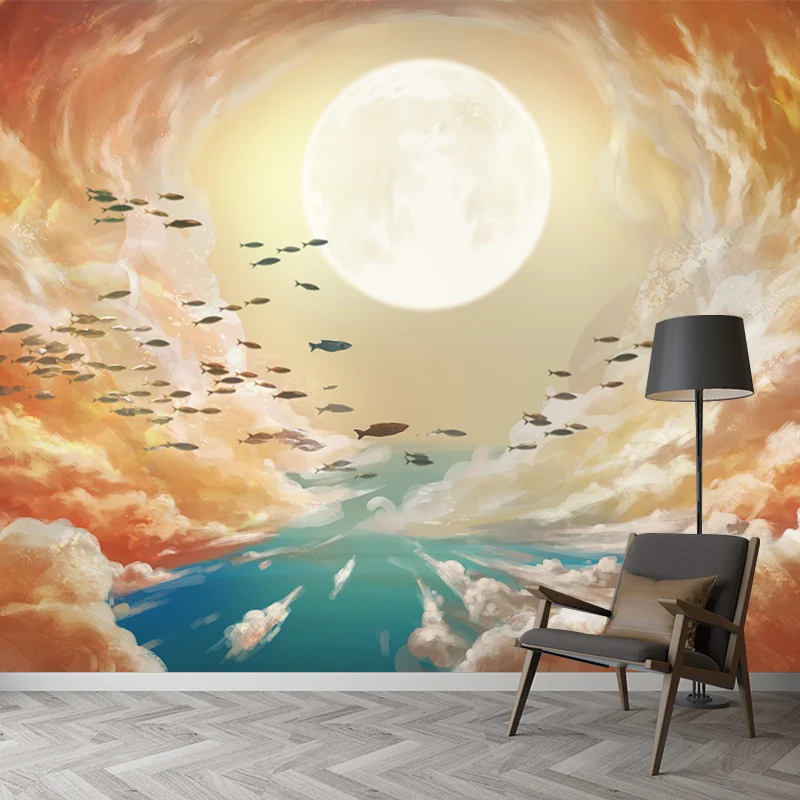 Mural de Super Luna y Nube, arte infantil amarillo-azul, revestimiento de paredes para sala de estar Amarillo Clearhalo
