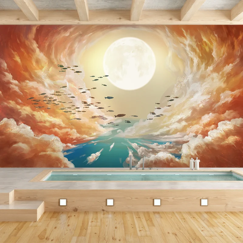 Mural de Super Luna y Nube, arte infantil amarillo-azul, revestimiento de paredes para sala de estar Amarillo Clearhalo