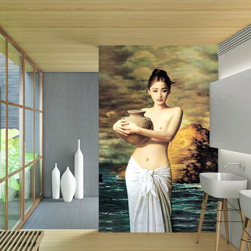 Mural no tejido resistente las manchas Chica retro con bote de agua Revestimiento de pared en marrón-verde-amarillo Marron...