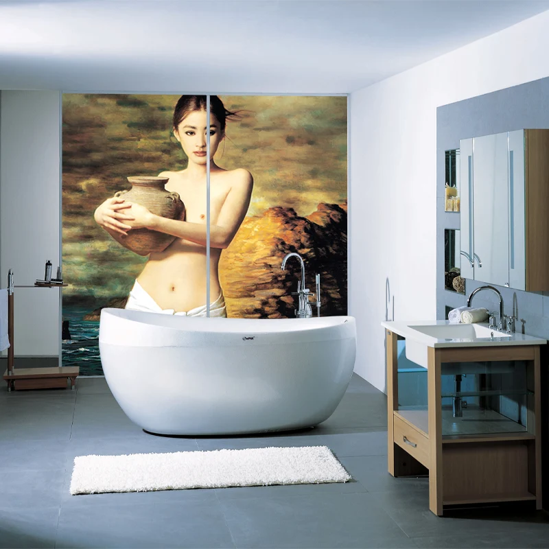 Mural no tejido resistente las manchas Chica retro con bote de agua Revestimiento de pared en marrón-verde-amarillo Marron...