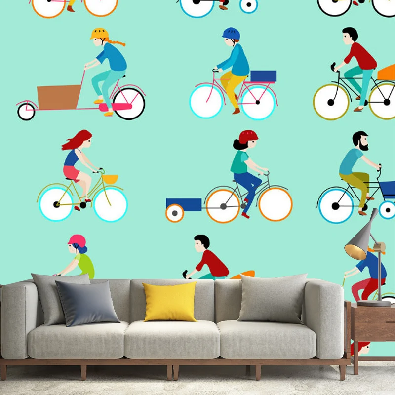 Mural de transporte en bicicleta, arte infantil, revestimiento de paredes de tela no tejida para dormitorio Aguamarina Cle...