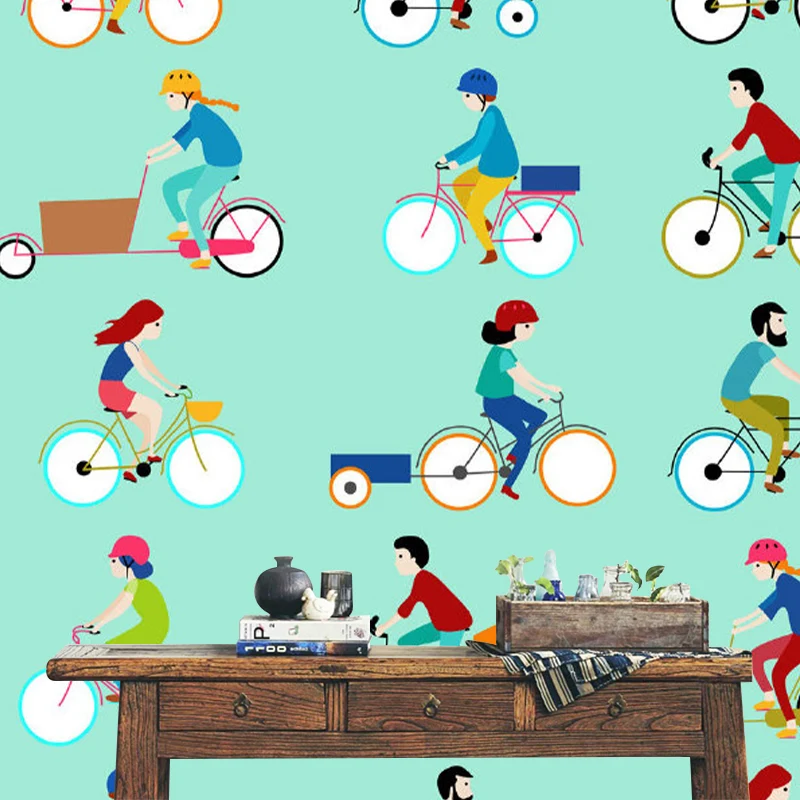 Mural de transporte en bicicleta, arte infantil, revestimiento de paredes de tela no tejida para dormitorio Aguamarina Cle...