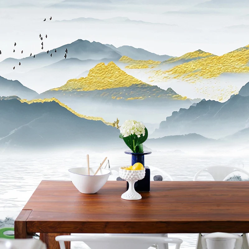 Mural vintage de montañ y río para pared decorativa, revestimiento de pared extra grande en azul y gris Azul Clearhalo