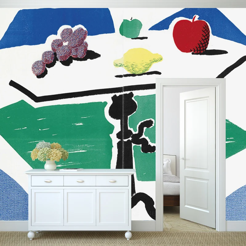 Murales de bodegones con frutas de mesa Revestimiento de pared liso Art Déco en rojo, amarillo, azul y verde Rojo Clearhalo