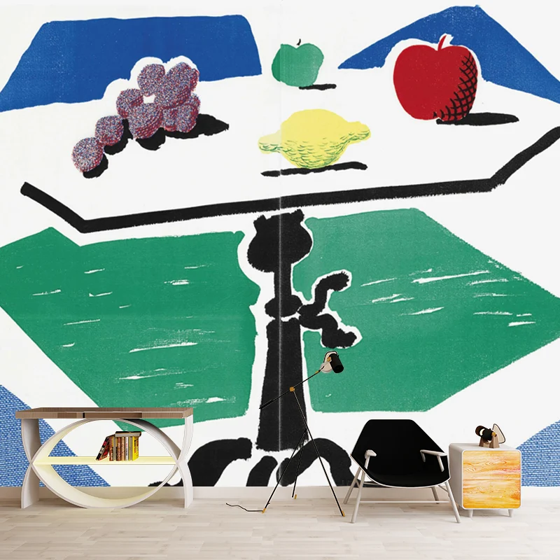 Murales de bodegones con frutas de mesa Revestimiento de pared liso Art Déco en rojo, amarillo, azul y verde Rojo Clearhalo
