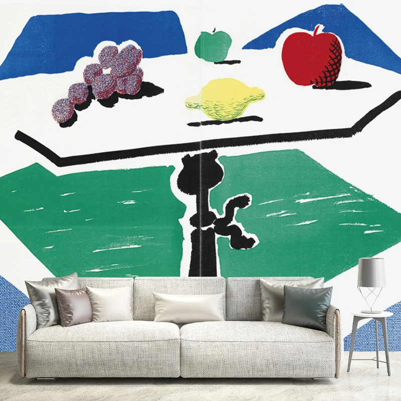 Murales de bodegones con frutas de mesa Revestimiento de pared liso Art Déco en rojo, amarillo, azul y verde Rojo Clearhalo