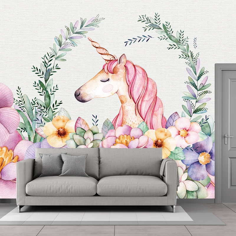 Murales de cabeza de unicornio con borde de flores, decoración de pared con textura suave de dibujos animados en rosa y ve...