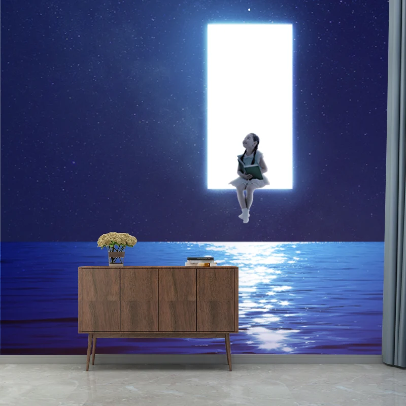 Murales completos de papel de pared de ciencia ficción en azul y blanco Chica suspendida sobre el arte de la pared del océ...