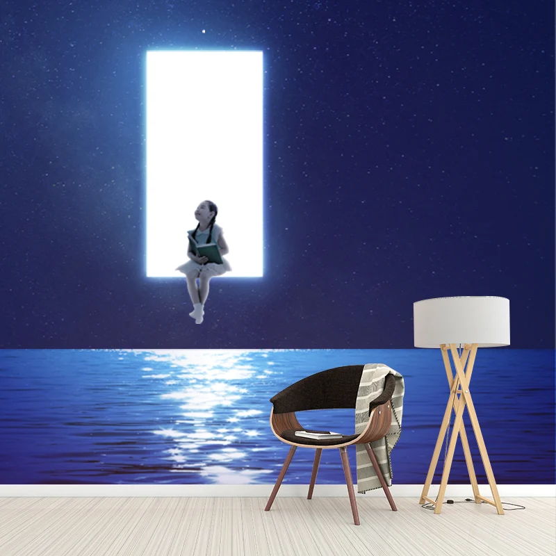 Murales completos de papel de pared de ciencia ficción en azul y blanco Chica suspendida sobre el arte de la pared del océ...