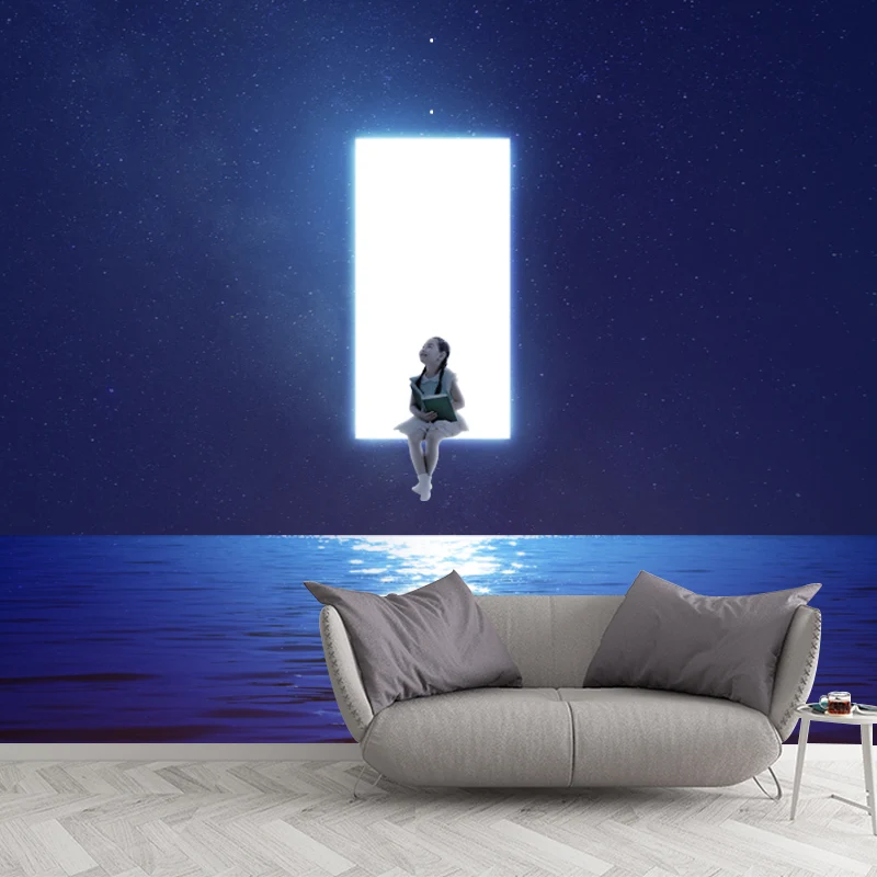 Murales completos de papel de pared de ciencia ficción en azul y blanco Chica suspendida sobre el arte de la pared del océ...