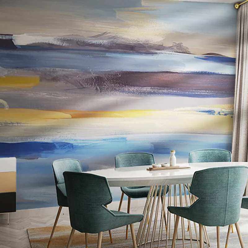 Murales con estilo de amanecer, cielo y mar de acuarelas en dorado y azul, decoración de pared abstracta para habitación d...