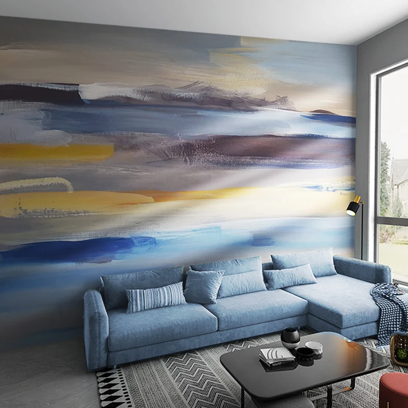Murales con estilo de amanecer, cielo y mar de acuarelas en dorado y azul, decoración de pared abstracta para habitación d...
