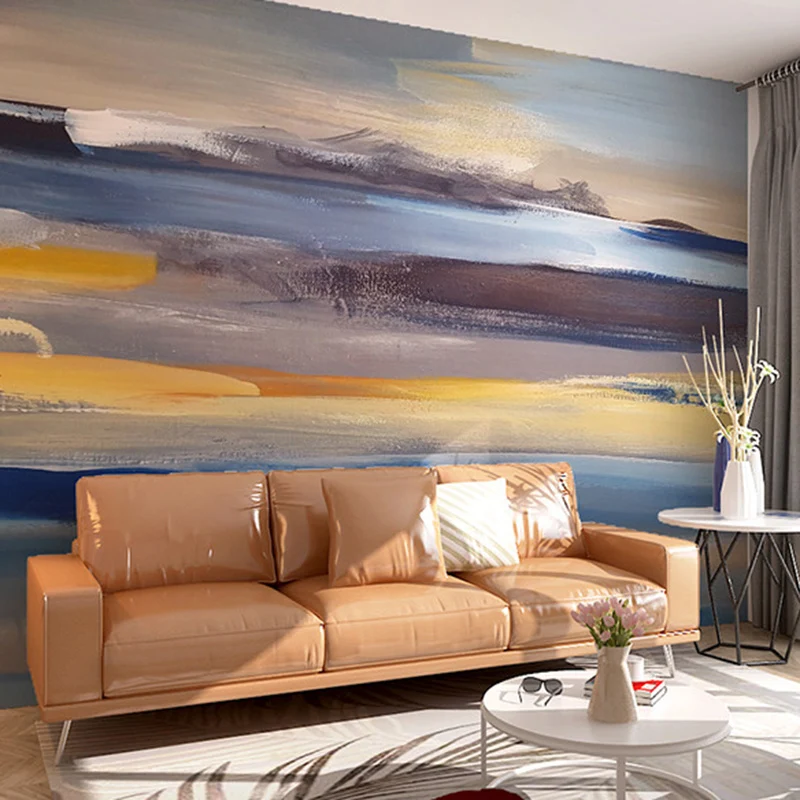 Murales con estilo de amanecer, cielo y mar de acuarelas en dorado y azul, decoración de pared abstracta para habitación d...
