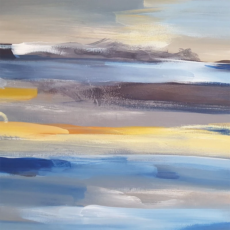 Murales con estilo de amanecer, cielo y mar de acuarelas en dorado y azul, decoración de pared abstracta para habitación d...