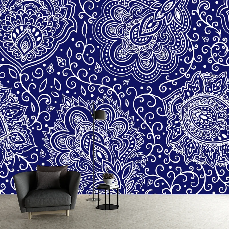 Murales grandes con estampado floral, revestimiento de paredes bohemio resistente las manchas para salón en color morado P...