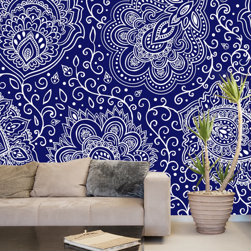 Murales grandes con estampado floral, revestimiento de paredes bohemio resistente las manchas para salón en color morado P...