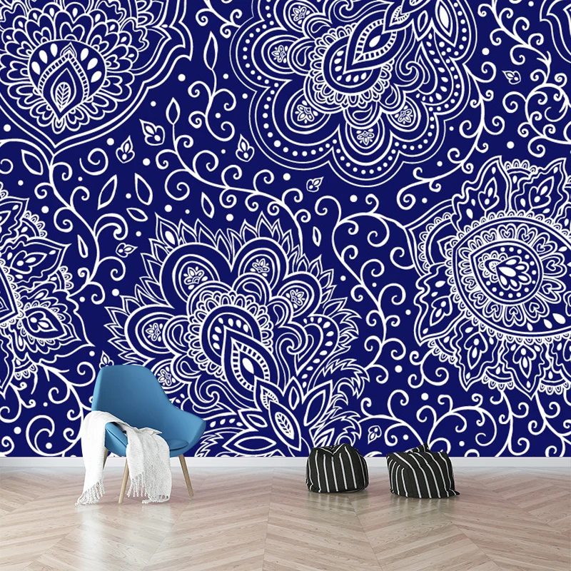 Murales grandes con estampado floral, revestimiento de paredes bohemio resistente las manchas para salón en color morado P...