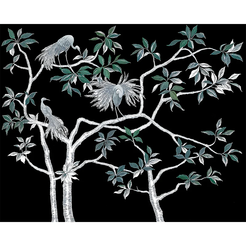 Murales impermeables de pavo real y árboles, arte asiático de pared de tela no tejida, hecho medida Negro Clearhalo