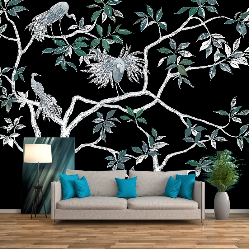 Murales impermeables de pavo real y árboles, arte asiático de pared de tela no tejida, hecho medida Negro Clearhalo