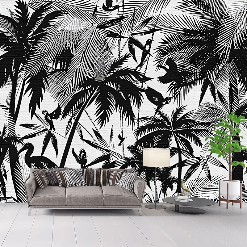 Murales de papel de pared tropicales enteros, palmeras costeras negras y pintura de flamencos, arte de pared, hecho medida...