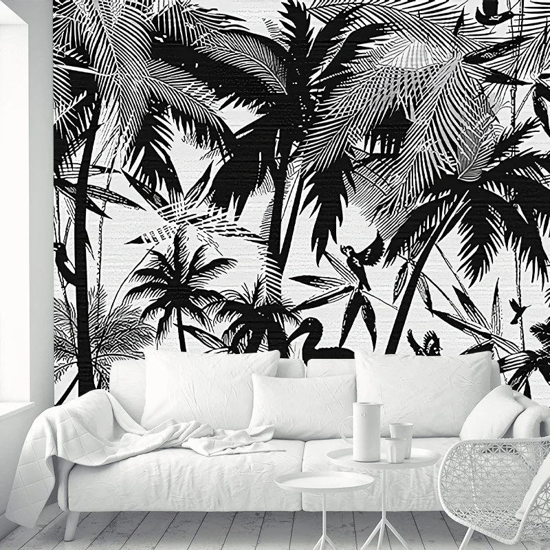 Murales de papel de pared tropicales enteros, palmeras costeras negras y pintura de flamencos, arte de pared, hecho medida...