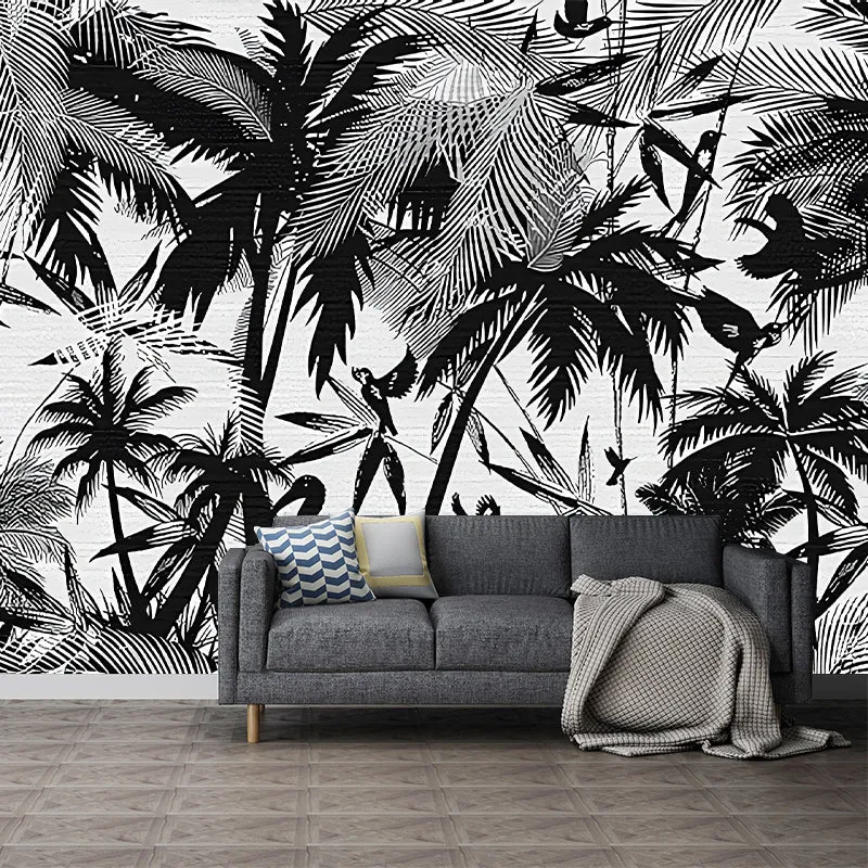 Murales de papel de pared tropicales enteros, palmeras costeras negras y pintura de flamencos, arte de pared, hecho medida...