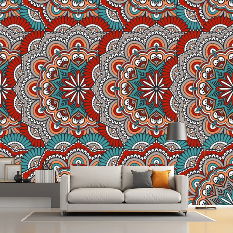 Murales de papel pintado bohemio con ilustración personalizada con estampado festoneado en rojo y azul Rojo Clearhalo