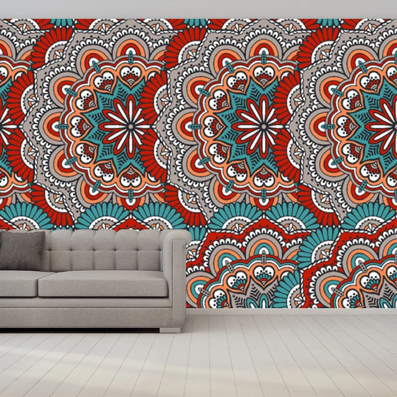 Murales de papel pintado bohemio con ilustración personalizada con estampado festoneado en rojo y azul Rojo Clearhalo