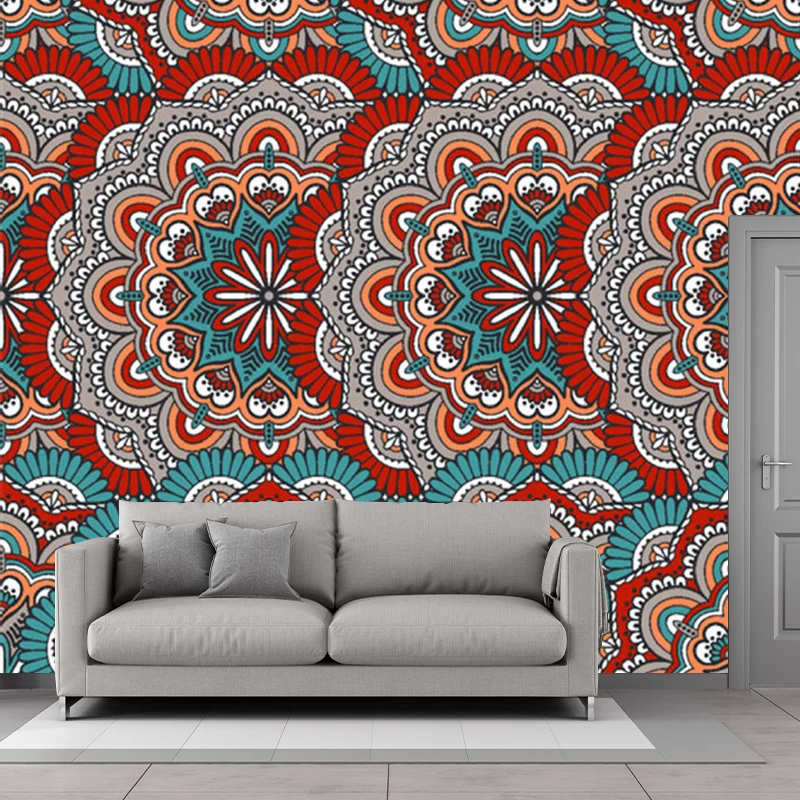 Murales de papel pintado bohemio con ilustración personalizada con estampado festoneado en rojo y azul Rojo Clearhalo