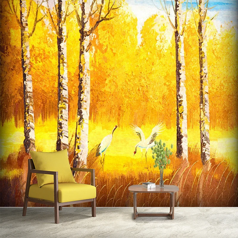 Murales de papel tapiz clásicos de color amarillo anaranjado, decoración de pared con estampado de grú grande en bosque ot...