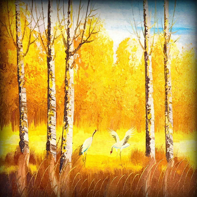 Murales de papel tapiz clásicos de color amarillo anaranjado, decoración de pared con estampado de grú grande en bosque ot...