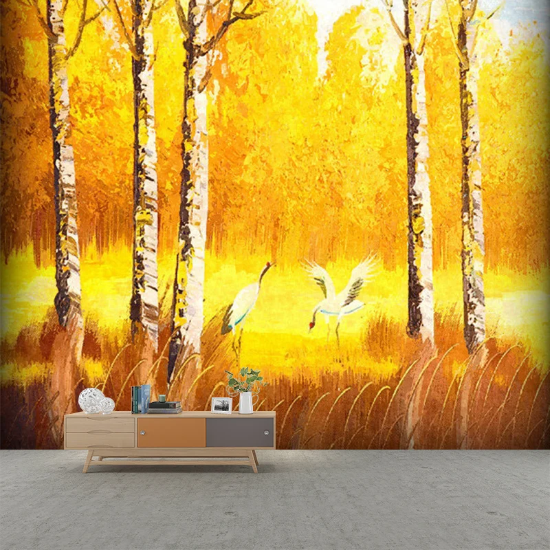 Murales de papel tapiz clásicos de color amarillo anaranjado, decoración de pared con estampado de grú grande en bosque ot...