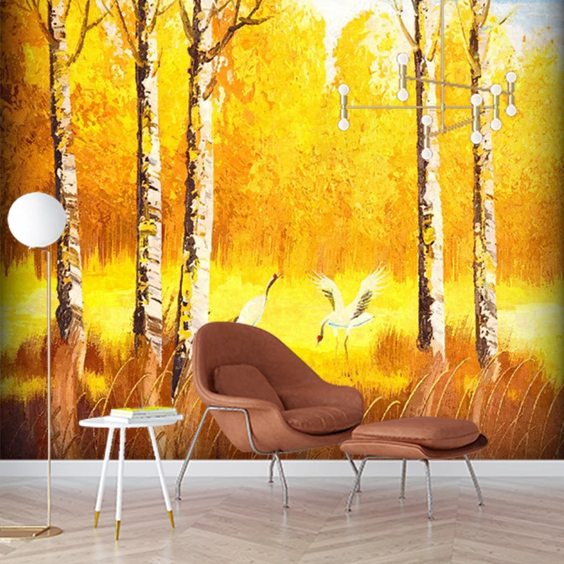 Murales de papel tapiz clásicos de color amarillo anaranjado, decoración de pared con estampado de grú grande en bosque ot...