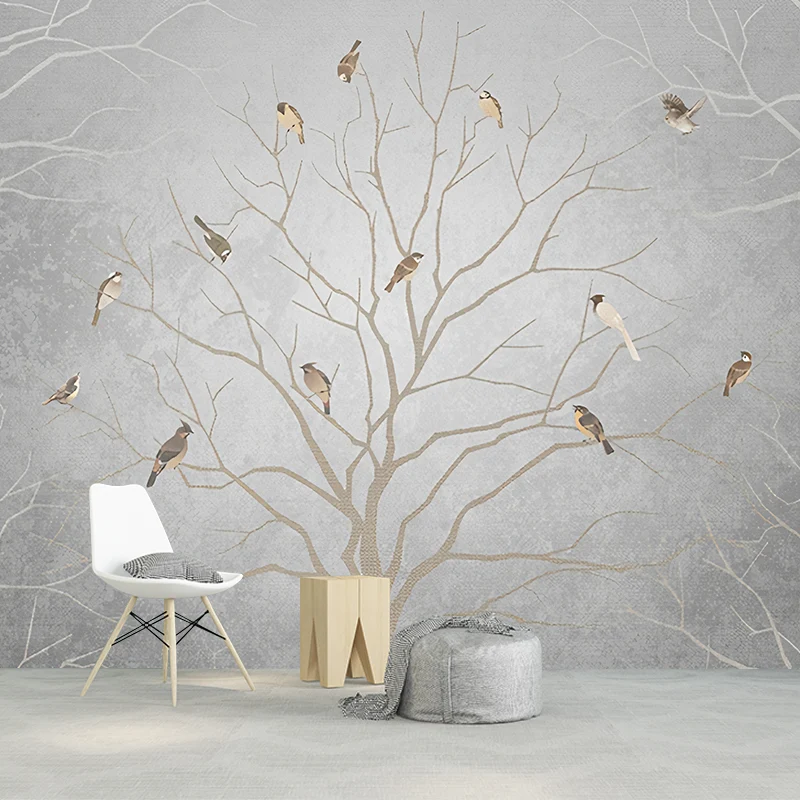 Murales de papel tapiz impermeables, arte minimalista de pared no tejido con patrón de pájaros y árboles desnudos Negro Cl...